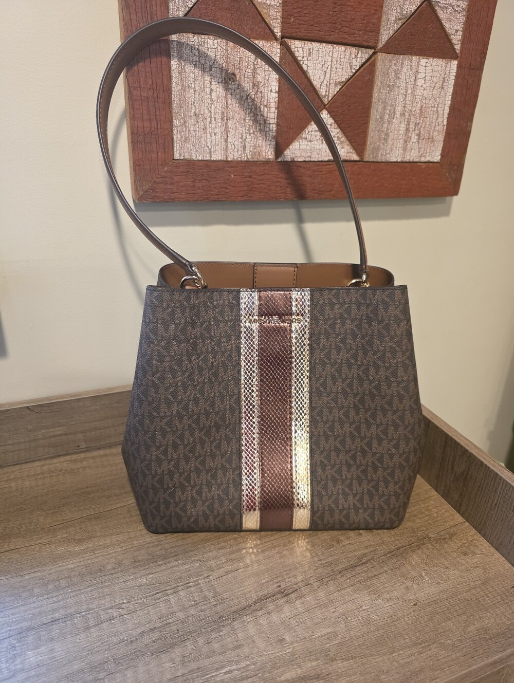 Michael Kors Brown Signature Tote with Metallic Stripe